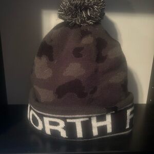 The North Face Black and Gray Knit Beanie with Pom-Pom